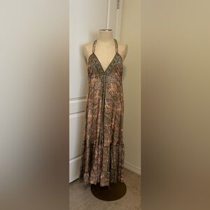 Boho Silk Paisley Midi Dress Halter Backless Tassel Tie Festival Gypsy *READ